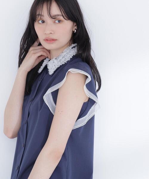 ブラウス シャツ チュールカラーシャツ レディースの画像