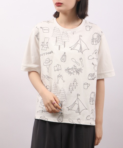 tシャツ EMAGO キャンプ刺繍半袖Tシャツ レディース