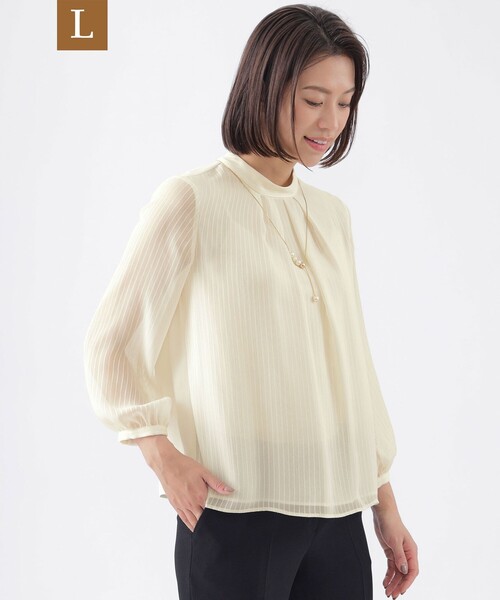 ブラウス シャツ 「L」「ウォッシャブル」ストライプクレープハイネックブラウス レディース