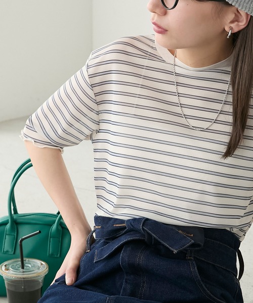 tシャツ ショルダーニットボーダーシアープルオーバー レディース BONLECILL tシャツ 半袖シアーマルチボーダープルオーバー