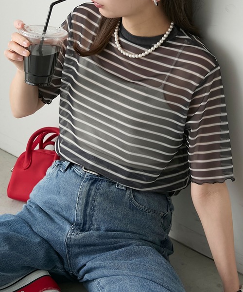 BONLECILL tシャツ 半袖シアーマルチボーダープルオーバー