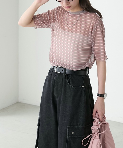tシャツ ショルダーニットボーダーシアープルオーバー レディース BONLECILL tシャツ 半袖シアーマルチボーダープルオーバー