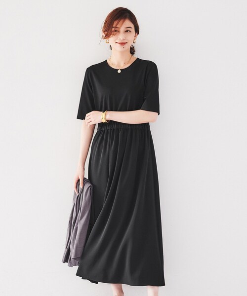 【美品】UNTITLED 46 2024ss 異素材ドッキングワンピース BLK UNTITLED ワンピース 「ジャージ素材/5分袖」異素材ドッキング
