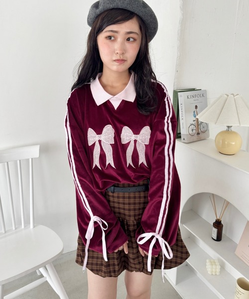 SOLLON.（ソルロン） tシャツ サイドラインリボンベロアラガートップス