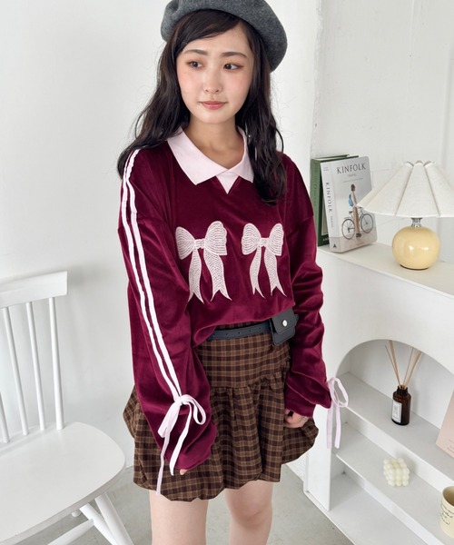 SOLLON.（ソルロン） tシャツ サイドラインリボンベロアラガートップス