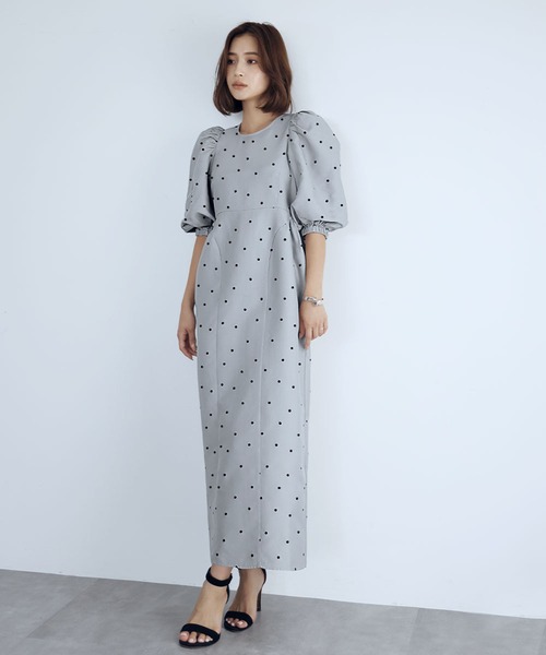 ELFRANK ドット コクーンワンピース ロング オフホワイト ELFRANK ワンピース ドットプリントロングコクーンワンピース