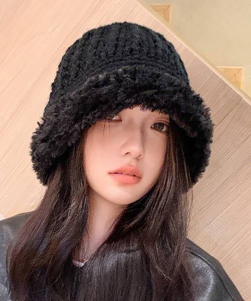 ROOP TOKYO 帽子 ハット ファー付き ざっくり編み ニットバケット