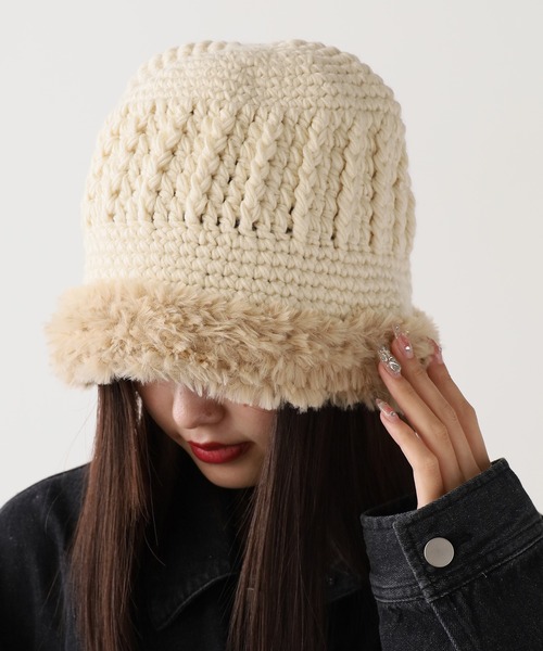 ROOP TOKYO 帽子 ハット ファー付き ざっくり編み ニット