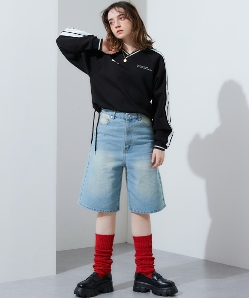 TTOL ジャージ サイドラインデザインVネックトップス レディース