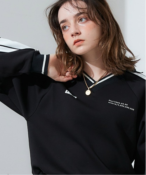 TTOL ジャージ サイドラインデザインVネックトップス レディース