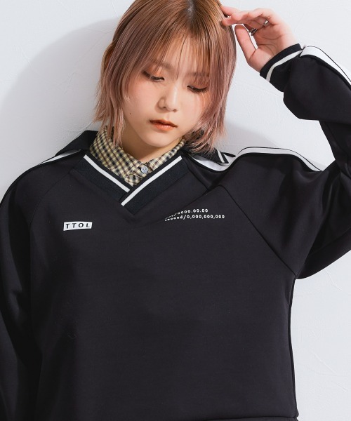 TTOL ジャージ サイドラインデザインVネックトップス レディース