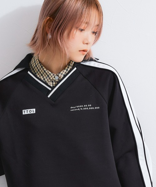 TTOL ジャージ サイドラインデザインVネックトップス レディース