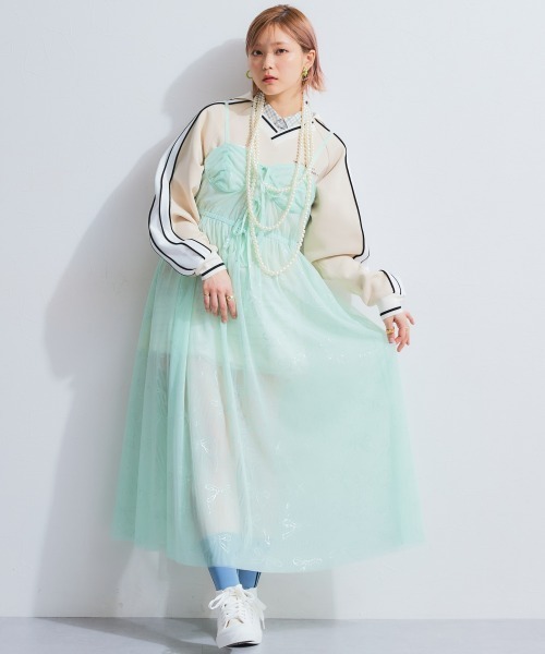 TTOL ジャージ サイドラインデザインVネックトップス レディース