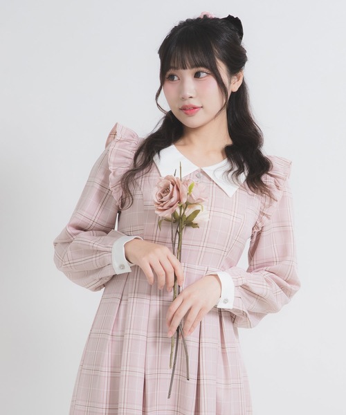 DearMyLoveRose ワンピース 配色角襟フリルタック長袖ワンピース