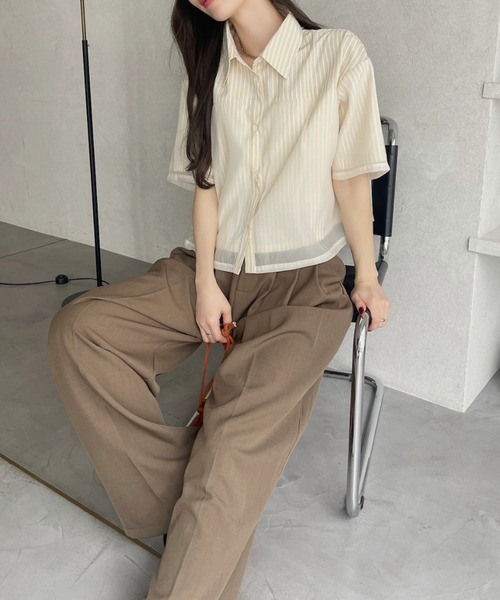 Ada. ブラウス シャツ シアーレイヤード ストライプ 半袖シャツ