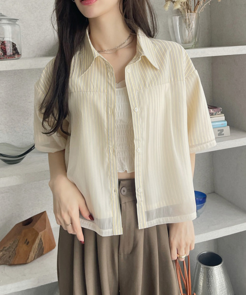 ストライプシアー半袖ブラウス ANGIE ブラウス シャツ シアー オーバーサイズ レギュラーカラー半袖