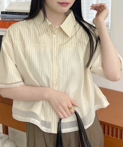 Ada. ブラウス シャツ シアーレイヤード ストライプ 半袖シャツ
