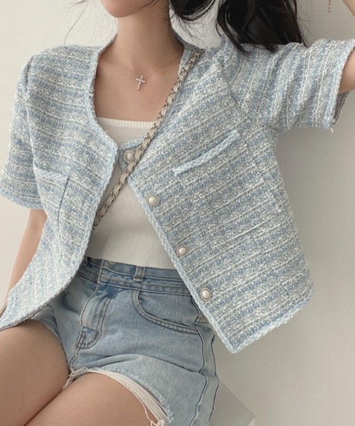 「FREE STYLISTS」 「r・x・d」ツイードジャケット L ライトブルー レディース_画像7