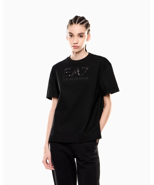 tシャツ 「エンポリオ アルマーニ EA7」Logo Series クルーネックTシャツ コットンジャージー スパンコール レディース