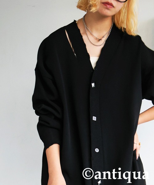 antiqua ニット セーター 異素材切替ロングカーディガン レディース
