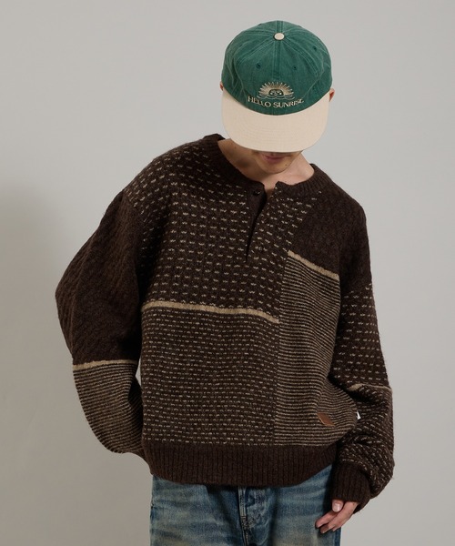 Perushu セーター ニット パッチワークテクスチャーくるみボタン