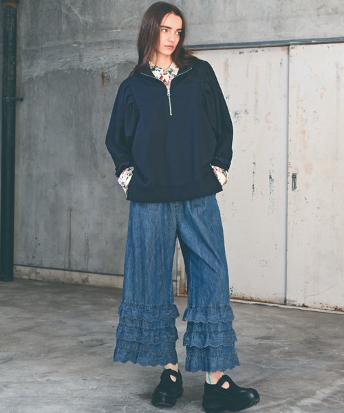 ジーンズ デニム デニムパンツ ライトオンスデニムティアードレースワイドパンツ レディースの画像