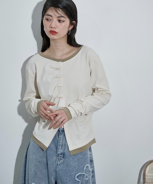 THE Yon tシャツ フェイクレイヤードタックデザインカーディガン