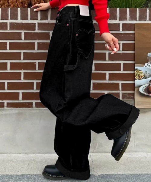 ワイドパンツ ジーンズ デニム デニムパンツ ハートポケットワイド