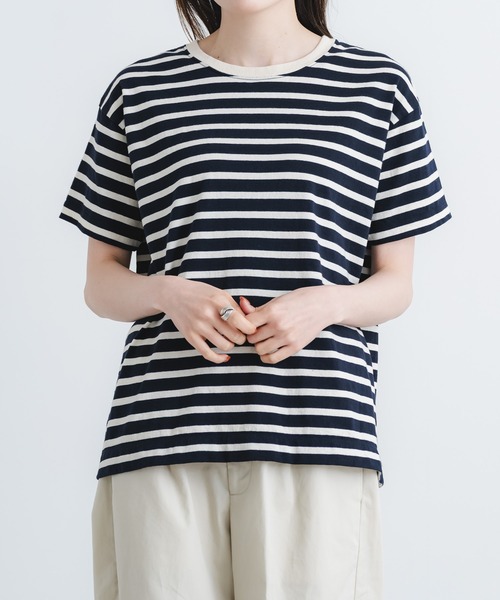 quadro tシャツ ドライ天竺ボーダー半袖クルーネックプルオーバー