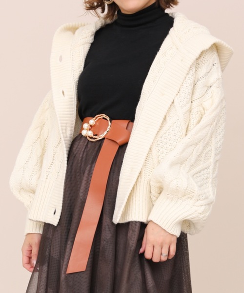 ap retro カーディガン ボリュームスリーブケーブルニットフード
