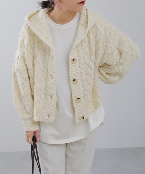 ap retro カーディガン ボリュームスリーブケーブルニットフード