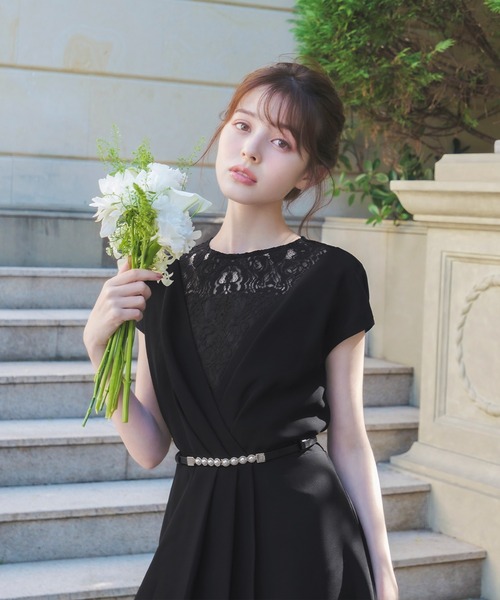 きちんと ドレス 通販 Paypayモール パールベルト付きカシュクール風レース切替ロングフレア結婚式