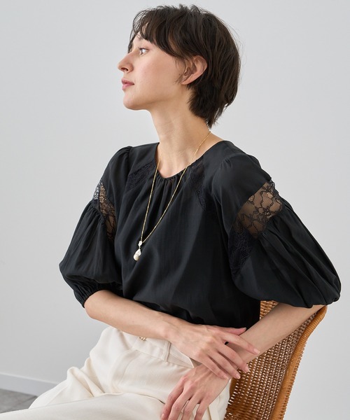 ANAYI ブラウス シャツ ライトローンラインレースブラウス