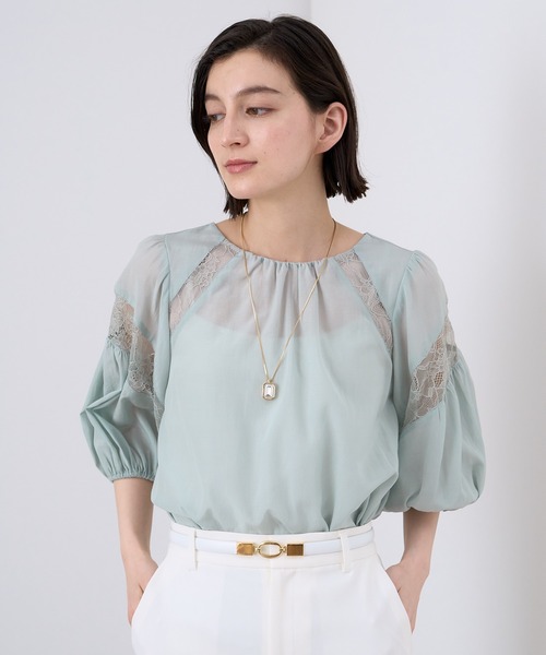 ※美品※【ANAYI】レースポロカットソーブラウス ANAYI ブラウス シャツ ライトローンラインレースブラウス