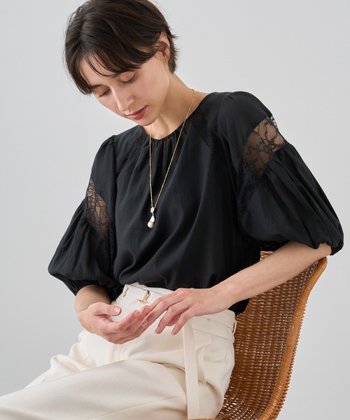ANAYI ブラウス シャツ ライトローンラインレースブラウス