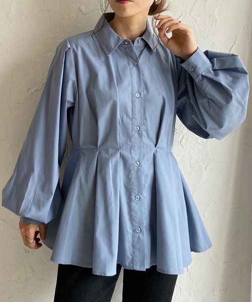 SHE tokyo ブラウス　Vera ネイビー　タック　パフスリーブ She's Closet ブラウス シャツ ウエストタック長袖パフスリーブフレア