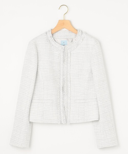 近年♡美品♡セオリーリュクス ノーカラー ツイード ジャケット ラメ 40 白 組曲（KUMIKYOKU） ジャケット ノーカラージャケット ラメループモール