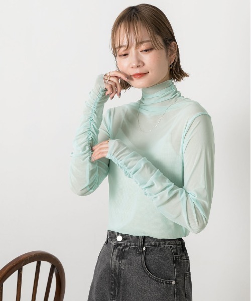ad thie（アドティエ） tシャツ ギャザーデザイン ハイネックシアー