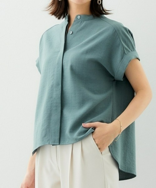 7days Life Styling ブラウス シャツ 麻調合繊バンドカラー半袖