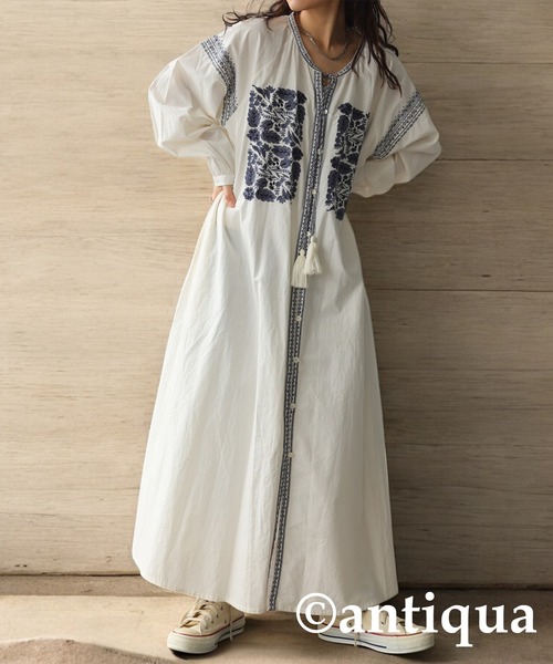 再値下げ→antiquaインド綿刺繍入りロングワンピース新品未使用 antiqua インド綿 刺繍ワンピ ワンピース レディース ロング