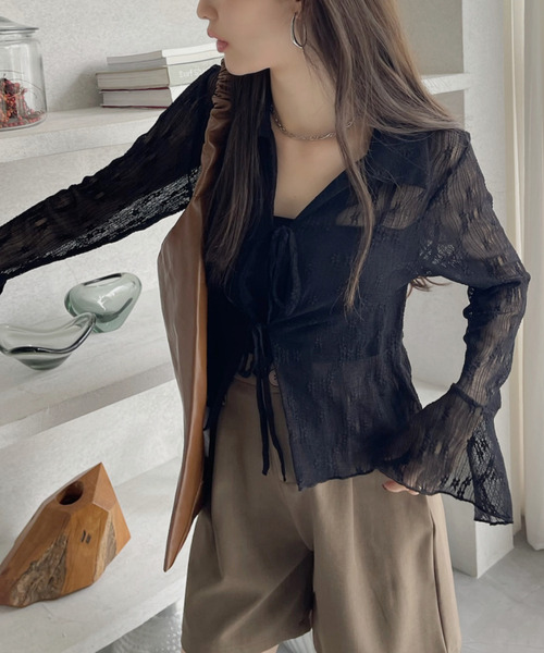 Ada. ブラウス シャツ 衿付き フロントリボン レースブラウス