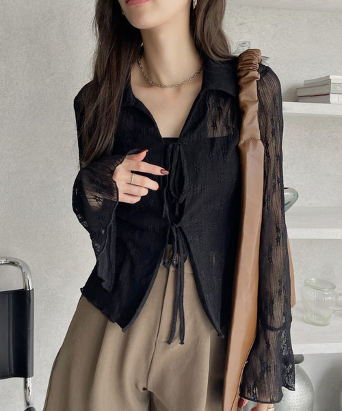 Ada. ブラウス シャツ 衿付き フロントリボン レースブラウス