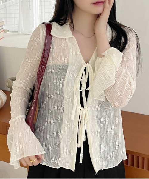 Ada. ブラウス シャツ 衿付き フロントリボン レースブラウス