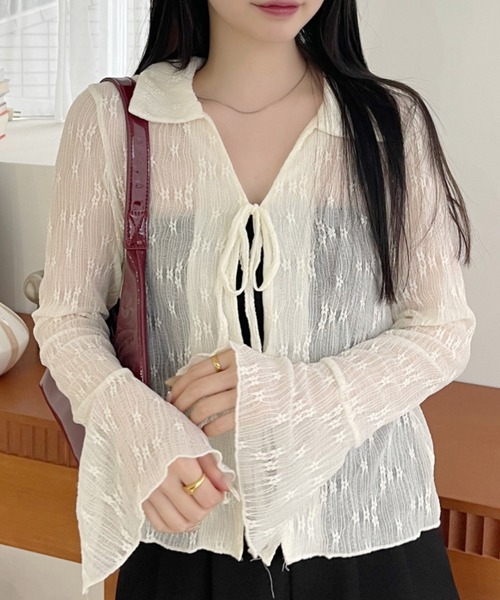 Ada. ブラウス シャツ 衿付き フロントリボン レースブラウス