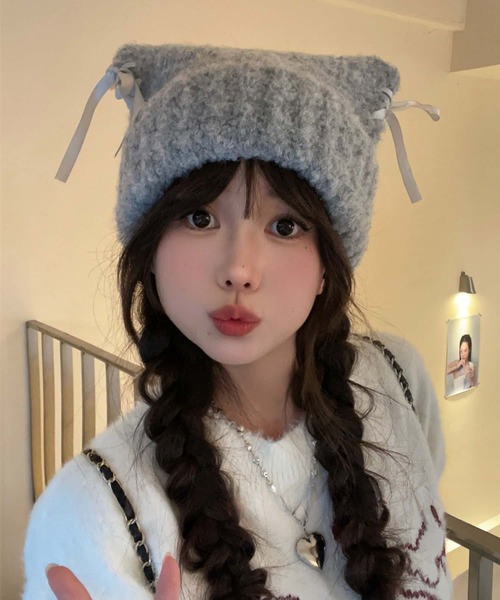 コムデギャルソンガール　25aw リボンニット帽　ネイビー リボンが可愛い】コムデギャルソンガール ニットキャップ (COMME des
