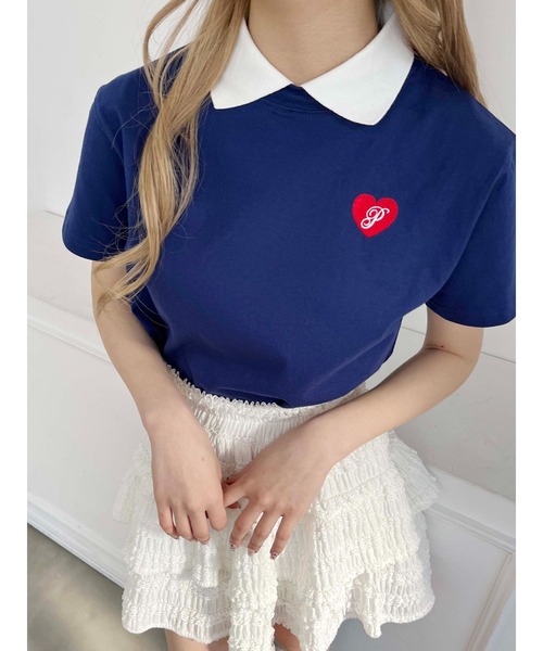 tシャツ 「プチプラ￥2199」ハートワンポイント襟付きTシャツ
