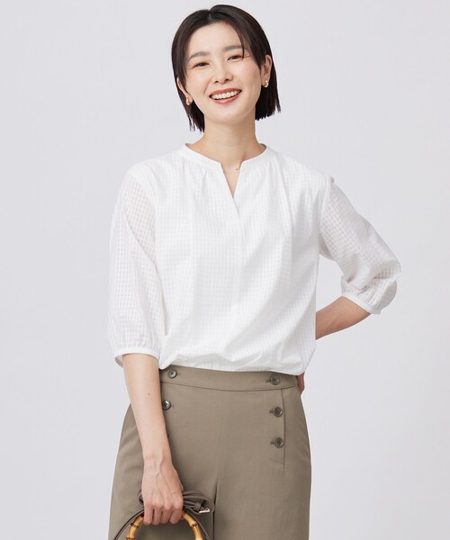 tシャツ 「洗える」コットンブレンドチェック バンドカラー カットソー レディース