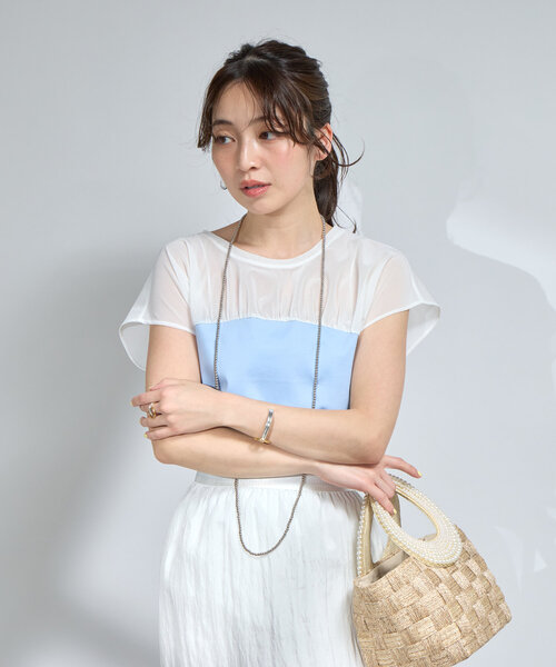 tシャツ シアー切り替えビスチェ風フレンチカットソー レディース La boutique Bonbon tシャツ シアー切り替えビスチェ風フレンチ