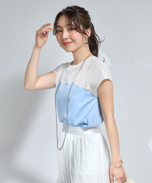 tシャツ シアー切り替えビスチェ風フレンチカットソー レディース La boutique Bonbon tシャツ シアー切り替えビスチェ風フレンチ