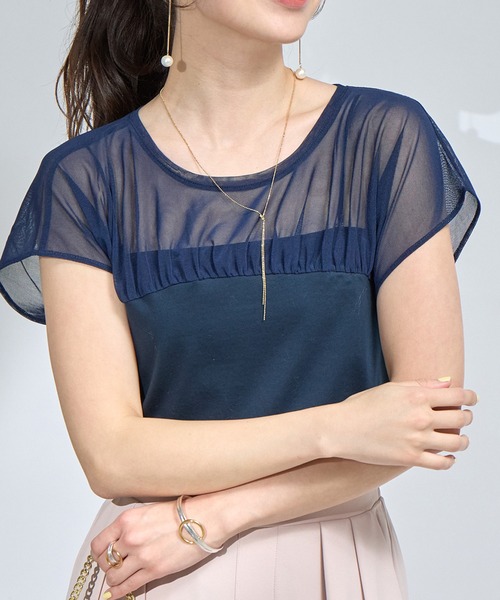 tシャツ シアー切り替えビスチェ風フレンチカットソー レディース